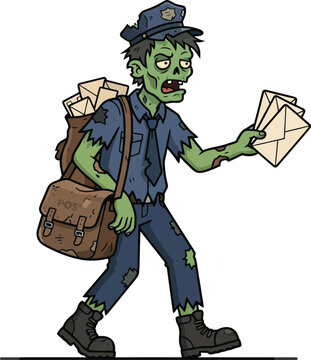 Cartoon zombie mail carrier delivering letters in uniform.