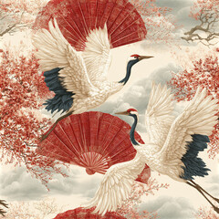 Naklejka premium Cranes flying with red fans and cherry blossoms create serene and elegant Japanese style seamless pattern with soft clouds