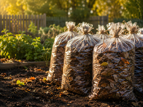 Transparent plastic bags filled with dried fallen autumn leaves sitting on dark garden soil ground