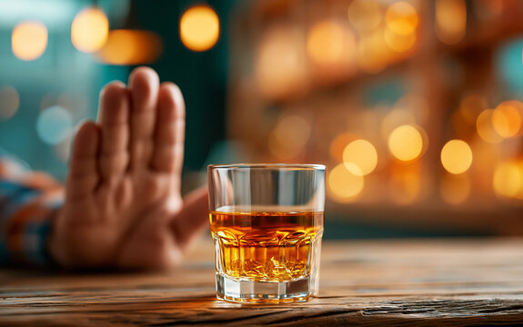 man hand gesturing stop to glass of liquor on bar counter