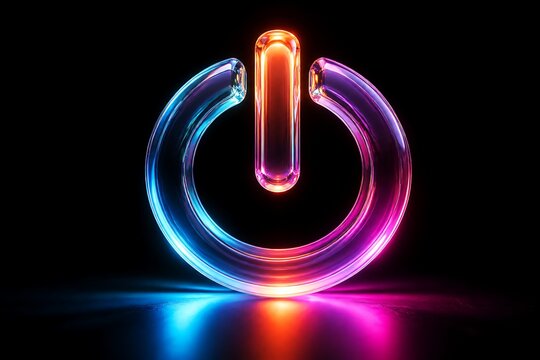 Glowing neon power button symbol on dark background with light reflection
