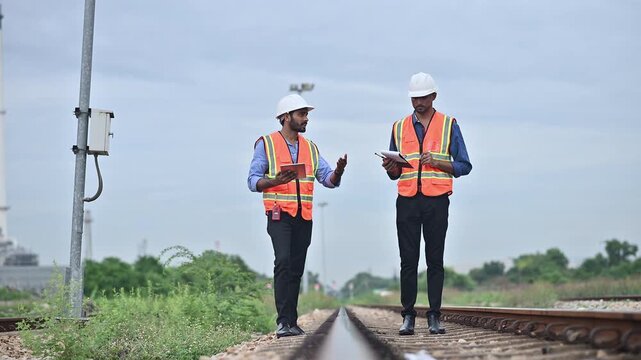 Portrait engineer under inspection and checking construction process railway switch and checking work on railroad station .Engineer wearing safety uniform and safety helmet in work.	