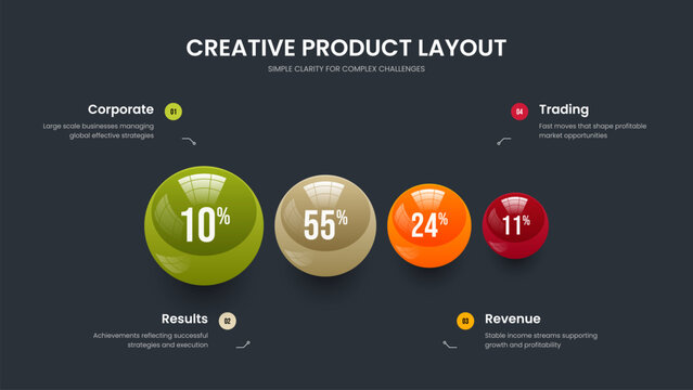 Elegant Visualization Frame Template Vector Illustration. Colorful Showcase 4 Step Diagram Slide Design. Marketing Performance Four Element Graph Slideshow Layout.