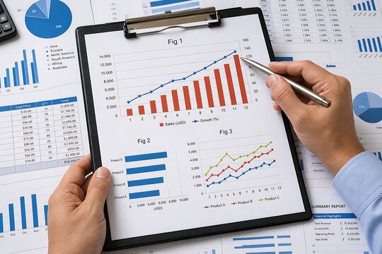 Hands holding clipboard with financial charts and data sheets on desk with pen