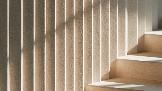 Minimal architectural paper-relief abstraction for a premium annual report cover, broad pale-taupe cellulose planes cut into precise vertical stepped lamellae with one shallow rect