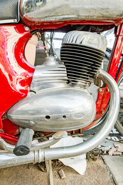 Alanya, Turkey &ndash; april 16, 2025: close-up engine of  old JAWA red motorcycle