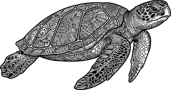 Highly detailed mandala sea turtle vector illustration featuring intricate ornate line art patterns for coloring page