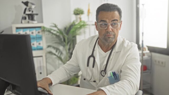 Man doctor with stethoscope at desktop computer, adjusting glasses and hand on forehead, pens in pocket in medical building; fatigue concern.