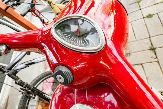 Alanya, Turkey &ndash; april 16, 2025: close-up speedometer of  old JAWA red motorcycle