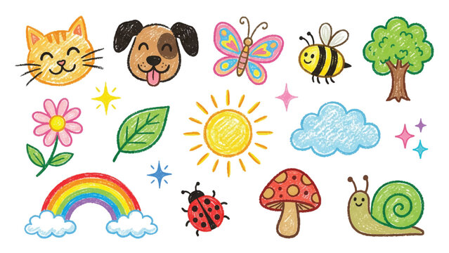 Cute hand drawn nature and animal doodle set