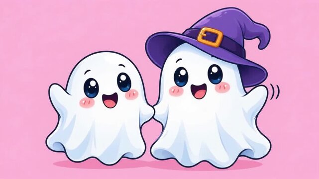 Cute Kawaii Ghost Friends Holding Hands Halloween Illustration