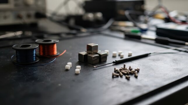 Research hardware on a matte work surface with neodymium magnets, gauss meter probe, ceramic spacers, titanium screws, and wire spools.