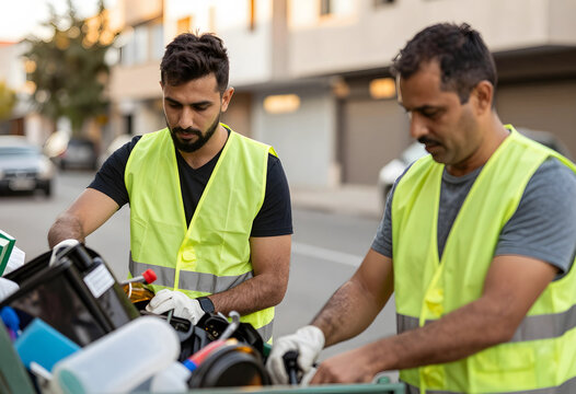 Waste management and recycling services, sanitation workers collecting household trash and plastic waste in a residential neighborhood street at sunset