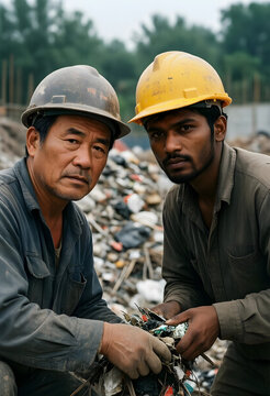 Environmental pollution and waste management, diverse workers sorting recyclable materials at a landfill site for sustainability and ecological conservation