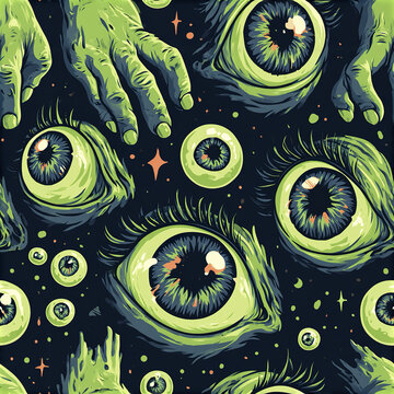 Creepy green eyes and hands seamless pattern with dark background and glowing stars creating eerie atmosphere