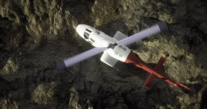 A helicopter hovers above rugged mountains, engaged in a rescue operation. The bright colors of the aircraft contrast with the rocky landscape below.