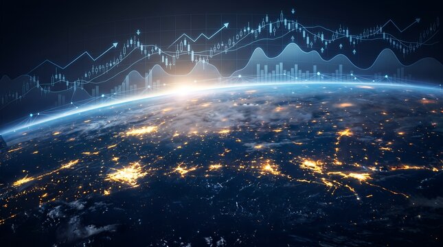Global financial market chart overlaying planet earth from space representing worldwide economic growth and investment trends