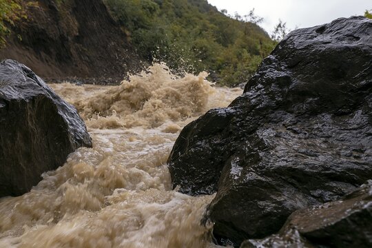 Raging muddy mountain river surges between dark wet boulders during heavy rain, illustrating flash flood danger, extreme weather and disaster awareness