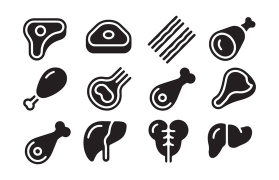 Assorted fresh raw meat portions flat black silhouettes icons collection for butchery shop signs.