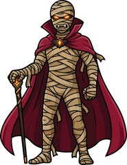 Obraz premium An illustration of a spooky mummy character wearing a red cape and holding a staff.