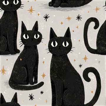 Black cat seamless pattern with elegant sitting cat and star shapes, charming and mystical design for fabric or wallpaper