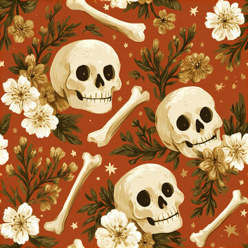 Cute botanical Halloween seamless pattern with smiling skull and bones on orange background with flowers and leaves