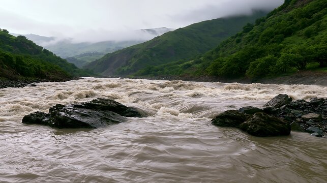Swollen muddy river flows through a green mountain valley beneath low clouds after heavy rainfall, illustrating flooding, extreme weather and climate risk