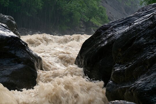 Muddy floodwater crashes through large wet rocks under intense mountain rain, representing flash flooding, severe weather, erosion risk and outdoor danger