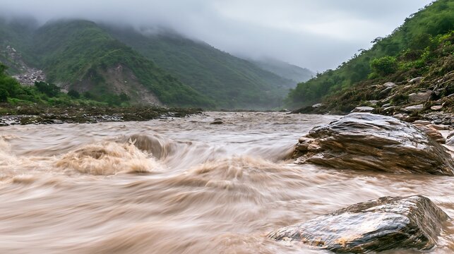 Muddy flood river surges through a steep green valley with erosion scars and low clouds, illustrating extreme rainfall, flash flood and landslide risk