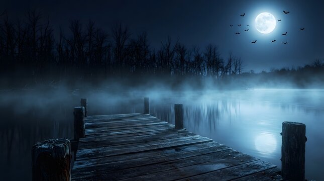 Spooky wooden pier on misty lake at night with full moon and flying bats Halloween background