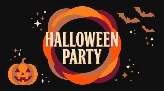 Halloween party invitation design with pumpkin and bats on a black background