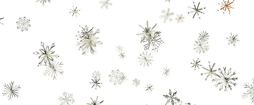 Numerous intricate snowflakes gracefully fall against a clean white background.