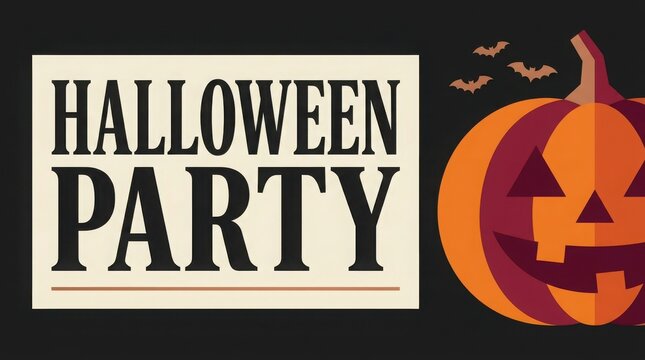 Halloween party invitation design with a carved jack o lantern pumpkin and flying bats