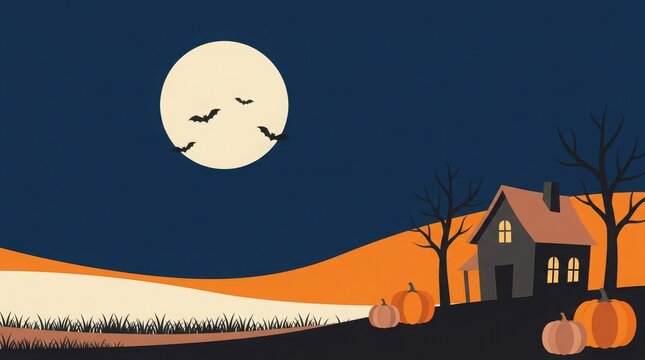 Spooky halloween landscape illustration with a full moon and a haunted house at night