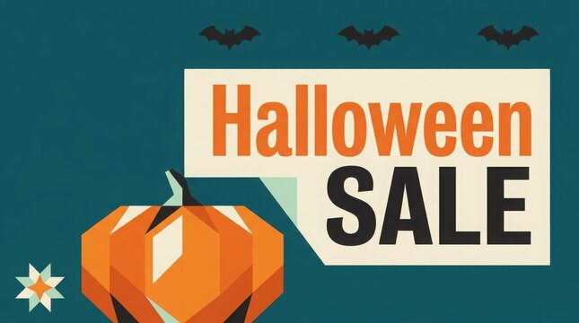 Halloween sale promotional banner with a pumpkin and bats on a dark teal background