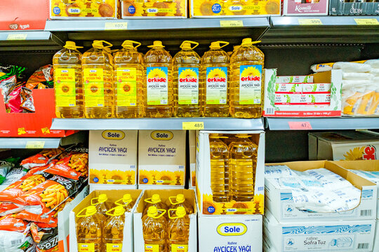 Beldibi, Turkey &ndash; april 30, 2025: bottled sunflower oil on supermarket shelves