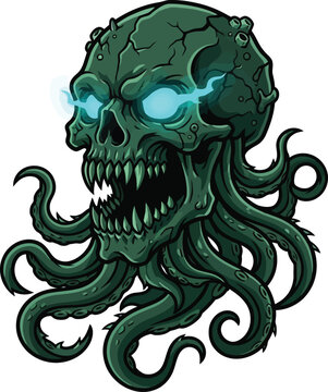 Menacing green skull creature with glowing blue eyes and octopus tentacles.