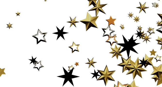 Abstract background with golden and black star shapes on a white backdrop. Festive and celebratory design for holiday co