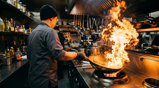 Professional chef flambing food in a busy commercial kitchen with stainless steel equipment