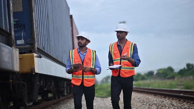 Portrait engineer under inspection and checking construction process railway switch and checking work on railroad station .Engineer wearing safety uniform and safety helmet in work.	