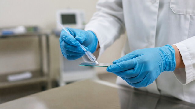 Gynecologist holding glass slide with sampling brush in clinic, pap smear test and cervical cancer screening