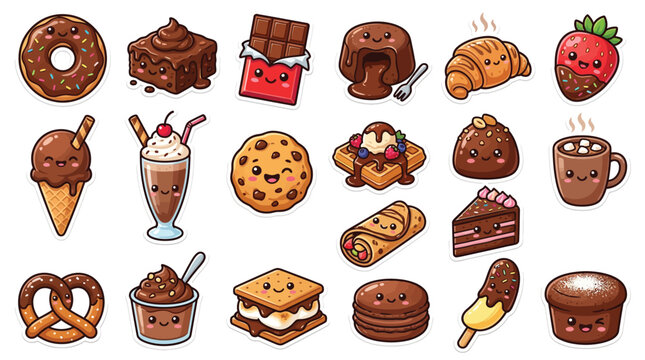 Collection of cute kawaii chocolate desserts and sweets with happy faces.