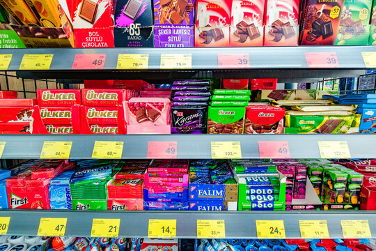 Beldibi, Turkey &ndash; april 30, 2025: chocolate bars on supermarket shelves