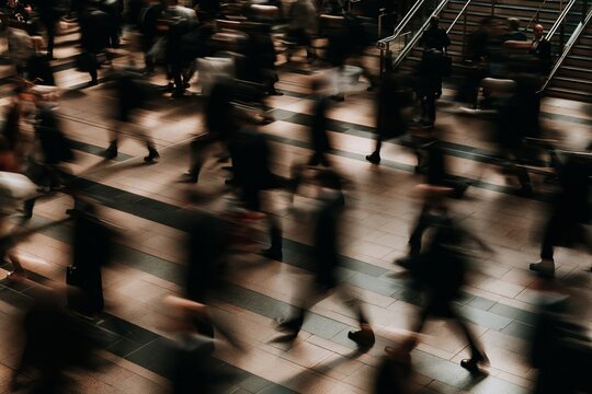 Blurred motion of anonymous crowd walking fast across a busy train station concourse floor