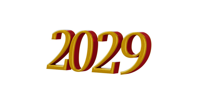 3D rendered text of the year 2029 in gold and red colors isolated on white. Represents new year, fut