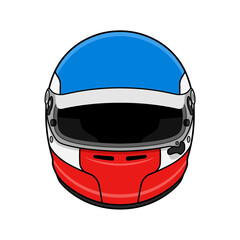 Fototapeta premium Front View Illustration of a Professional Racing Helmet with Blue White and Red Color Design, Vector Graphic for Motorsport Logo or Sport Icon isolated on White Background.