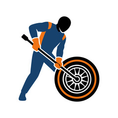 Fototapeta premium Vector Illustration of a Pit Crew Mechanic in a Blue and Orange Racing Suit Using a Pneumatic Impact Wrench Tool to Change a High-Performance Tire During a Professional Race Pit Stop.