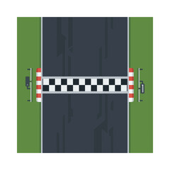 Fototapeta premium Top-down vector illustration of a professional racing circuit finish line featuring a black and white checkered pattern across a dark asphalt track with tire marks and green grass.