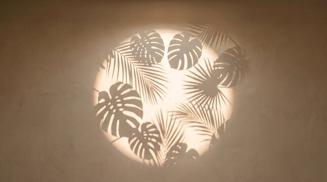 Abstract shadow of tropical monstera and palm leaves cast on a beige textured wall background