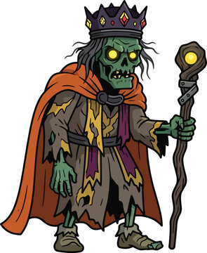 An illustrated undead lich king wearing a crown and holding a magical staff.